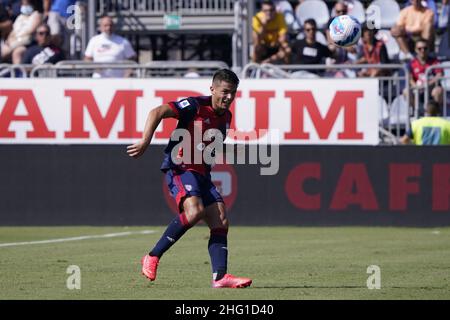 Lapresse/Alessandro Tocco 12 septembre 2021 Cagliari (Italie) Sport Soccer Cagliari Calcio vs Genoa FC League A TIM 2021/2022 'Unipol Domus' Stadium in the Picture: ANDREA CARBONI 44 (Cagliari Calcio) Banque D'Images