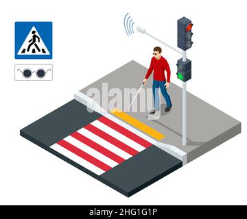 Homme aveugle isométrique traversant la rue au passage à côté.Ville urbaine de passage des handicapés Illustration de Vecteur