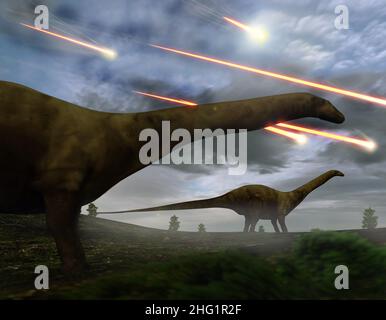 Les Brontosaures regardent les météores qui ont précédé la plus grande frappe d'astéroïdes qui aurait conduit à l'extinction des dinosaures 65 millions Banque D'Images