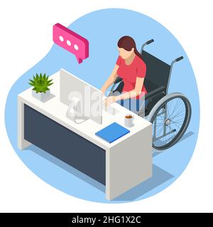 Femme isométrique en fauteuil roulant travaillant sur un ordinateur portable à la maison ou au bureau.Un homme d'affaires handicapé sur le lieu de travail.Communication sur le Illustration de Vecteur