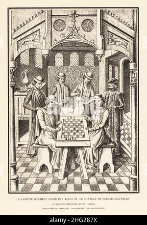 Courtisans royales jouant une partie d'échecs au Château de Plessis-lez-Tours, 1483.On dit que le roi Louis XI de France, 1423-83, est bien assis.Après une miniature de 15th siècles le Livre des trois âges par Pierre Choisnet aka Estienne Porchier dans la Bibliothèque nationale.Part d'echecs jouee par Louis XILithographie de Henry Rene d’Allemagne’s recrécations et passe-temps, Jeux et passe-temps, Hachette, Paris, 1906. Banque D'Images