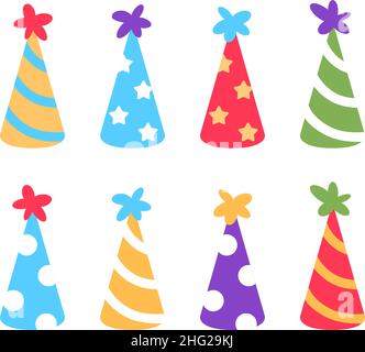 Collection d'icônes de chapeau d'anniversaire coloré sur blanc Illustration de Vecteur