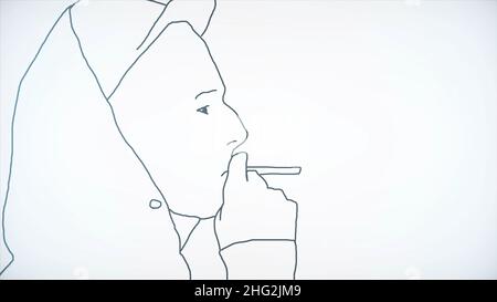 Gros plan pour le contour noir de l'homme dans la capuche et le chapeau fumer la cigarette sur fond blanc.Une vue en profil d'une silhouette d'adolescent fumant sur Banque D'Images