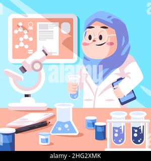 Femme scientifique musulmane portant le hijab voile travaillant au laboratoire scientifique en laboratoire avec équipement microscope à flacon chimique Illustration de Vecteur