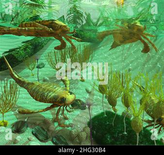 Illustration de la vie dans une mer du Dévonien (il y a 419 à 358 millions d'années).Les modèles illustrés sont les suivants : trilobites, Euryptids, Blastoïdes, crinoïdes, Banque D'Images