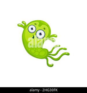 Icône de vecteur de cellule de virus de dessin animé, mignonne bactéries vertes, caractère germe étonné avec visage drôle. Microbe pathogène souriant avec de grands yeux et un grand flagelle Illustration de Vecteur