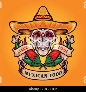 Logo du crâne de cuisine mexicaine illustrations vectorielles Chili pour votre travail logo, t-shirt de mascotte, autocollants et étiquettes, affiche, cartes de vœux Illustration de Vecteur