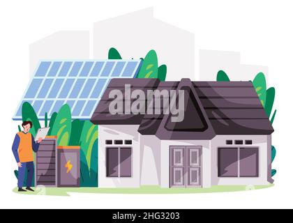 Maison maison avec panneau solaire stockage de batterie de l'électricité énergie de cellule énergie moderne réseau résidentiel bâtiment écologique durable Illustration de Vecteur