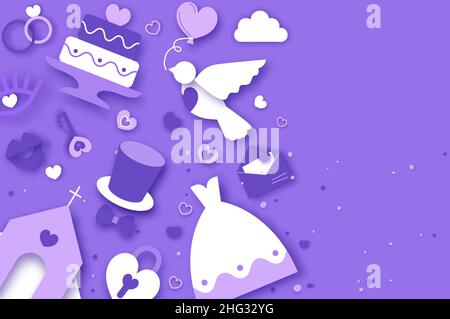 Jour de mariage. Calendrier du mariage. Église, je le fais, toast. Danse. Bonne Saint Valentin. Joyeuses fêtes et lune de miel en papier coupé. Cadre en forme de cœur pour Illustration de Vecteur