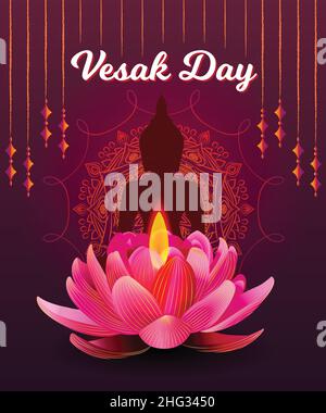 Bannière Vesak Day avec Bouddha Gautama et bougie lotus Poster Vector Illustration de Vecteur