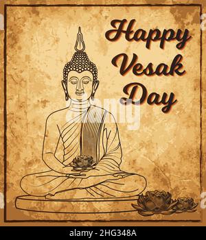 Bannière Vesak Day avec Bouddha Gautama et vecteur d'affiche de fleur de lotus Illustration de Vecteur