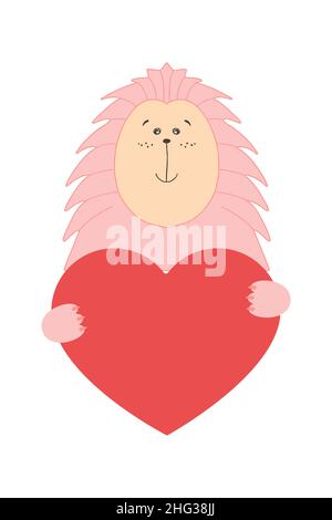 Mignon dessin animé hérisson porcupine animal tient un coeur signe avec l'espace de copie. Ensemble carte de voeux de Saint Valentin bannière invitation brochure de circulaire. Dessin animé Illustration de Vecteur