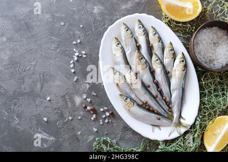 Petit poisson de mer fraîchement pêché sur une assiette sur fond de béton gris avec espace de copie.Sardines prêtes à cuire au citron, gros sel de mer.Haut vi Banque D'Images