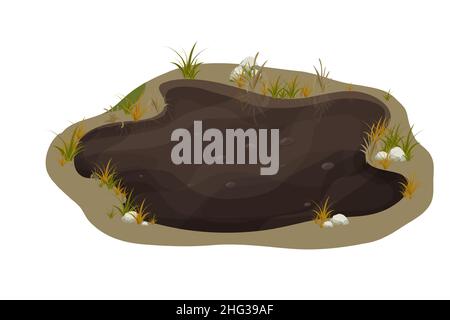 Boue sale, marais avec pierre, herbe de style dessin animé isolée sur fond blanc.Sol humide naturel, étang de la forêt, lac clip art. .Illustration vectorielle Illustration de Vecteur