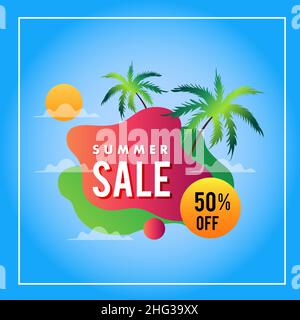 Solde d'été fond de couleur liquide avec paume.Fond vectoriel pour bannière, affiche, prospectus, carte, carte postale,couverture, brochure. Illustration de Vecteur