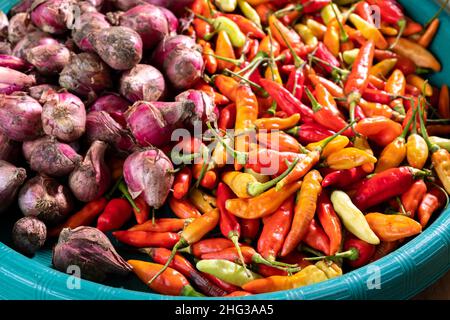 Une collection de piments et une collection d'oignons, des épices qui sont presque toujours dans les cuisines asiatiques. Banque D'Images