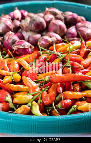 Une collection de piments et une collection d'oignons, des épices qui sont presque toujours dans les cuisines asiatiques. Banque D'Images