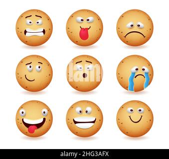 Motif cookie emojis vector Set.Biscuits émotiji personnages dans les expressions du visage fou, triste et effrayant pour drôle et mignon Ginger pain visages émoticon. Illustration de Vecteur