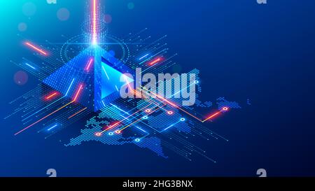 Concept isométrique fintech blockchain.Technologie minière à crypto-monnaie.Pyramide financière dans Internet.Échange de crypto en ligne de la chaîne de blocs.Exploitation minière Illustration de Vecteur