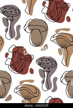 Motif vectoriel sans couture avec croquis stylisés de champignons toxiques avec taches de couleur.Amanita et dabchick.Texture naturelle pour le papier peint.Backgroun Illustration de Vecteur