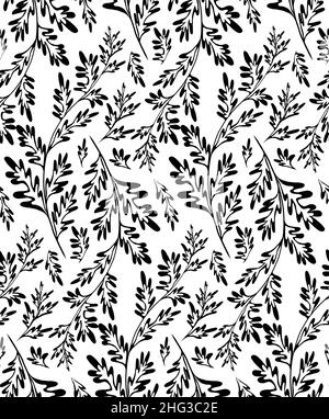 Motif vectoriel monochrome sans couture avec bois de millepertuis sur fond blanc. Tissu avec champs d'herbe. Papier peint avec branches de sagebrush. Illustration de Vecteur