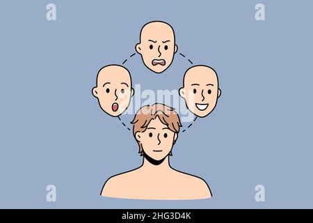 Concept d'expression faciale et d'humeur.Jeune homme qui choisit entre sourire en colère surpris et visage positif neutre sur fond bleu illustration vectorielle Illustration de Vecteur