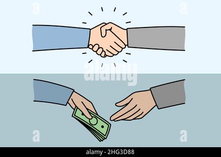 Concept de transaction commerciale et de pot-de-vin.Les mains des hommes d'affaires qui se secouent après un accord réussi et qui donnent un pot-de-vin en faisant une illustration vectorielle de la criminalité financière Illustration de Vecteur
