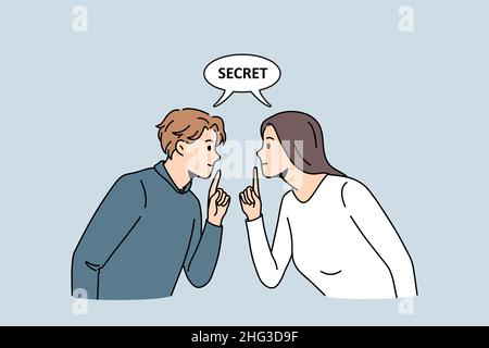 Concept secret de vie privée et de silence.Jeune femme et homme regardant l'un l'autre montrant le geste silencieux avec les doigts avec le lettrage secret au-dessus de l'illustration vectorielle Illustration de Vecteur