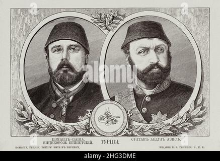 Gravure russe des dirigeants de la Turquie (Empire ottoman) du 19th siècle.Portrait : Viceroy de l’Égypte Isma’il Pasha (à gauche) et du sultan ottoman Abd Banque D'Images