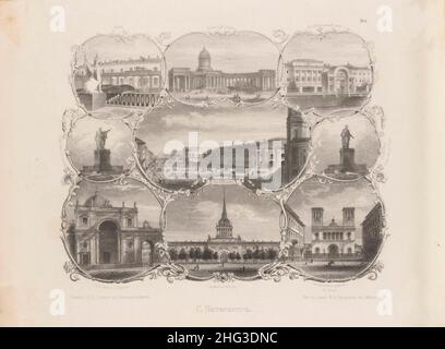 Gravures de Saint-Pétersbourg et de la région environnante du 19th siècle.De haut à gauche dans le sens horaire: Bâtiment de la banque; cathédrale de Kazan; Imperial Foundling H Banque D'Images