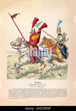 Lithographie de la cavalerie de lumière régulière de Spahi turc de l'empire ottoman de 16th-17th siècles.1910 Spahi était un cavalryman dans l'armée de l'EMP ottoman Banque D'Images