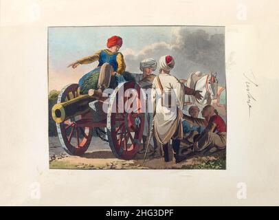 Lithographie de Topçu turc (Gunners) de 17th-18th siècles du corps d'artillerie de Kapıkulu.1910 Banque D'Images