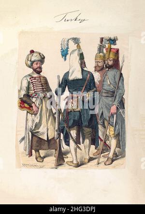 Lithographie de l'armée turque (troupes ottomanes) de 1600-1805.Janissary.1910 Un Janissaire était membre des unités d'infanterie d'élite qui formaient l'Ottoman Banque D'Images