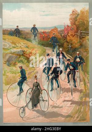 Imprimé bleu aquarelle vintage de femme, sur vélo à trois roues, suivi par des hommes sur roues hautes.1887 Banque D'Images