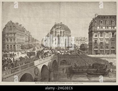 Gravure de la nouvelle fontaine Saint-Michel sur le boulevard Sébastopol (rive gauche), inaugurée le 15 août.1860. Paris, France Banque D'Images