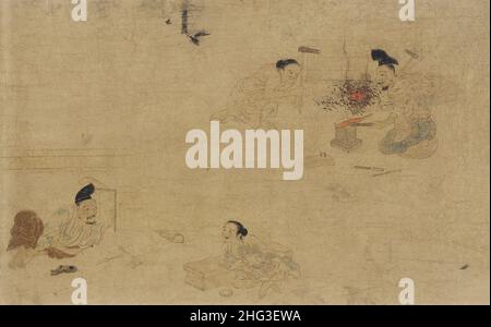 Peinture médiévale japonaise : un concours de composition de poèmes entre différents artisans.Période Nanbokucho un soir d'automne en 1214, un groupe de croyants se réunit Banque D'Images