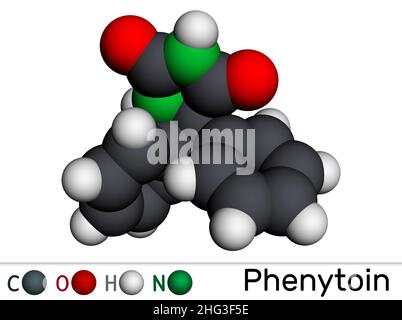 Phénytoïne, PHT, molécule de diphénylhydantoïne.Il est anticonvulsant, antiépileptique, antiépileptique, antiépileptique, dérivé de l'hydantoïne.Modèle moléculaire.3D renderi Banque D'Images