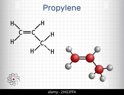 Propène, molécule de propylène.Il est membre le plus simple de la classe alcène des hydrocarbures, composé organique non saturé avec double liaison.Feuille de papier Illustration de Vecteur