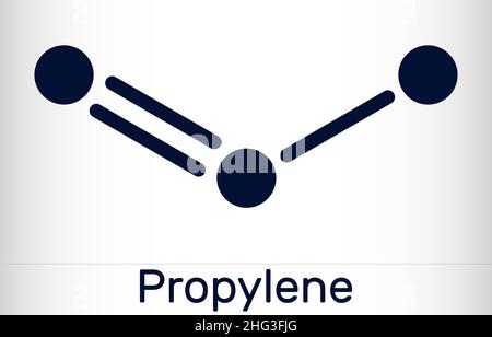 Propène, molécule de propylène.Il est membre le plus simple de la classe alcène des hydrocarbures, composé organique non saturé avec double liaison.Squelette chimique Illustration de Vecteur