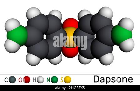 Dapsone, diaminodiphényl sulfone, molécule DDS.Il s'agit d'un antibiotique sulfone pour le traitement de la lèpre et de la dermatite herpétiforme.Modèle moléculaire.3 Banque D'Images