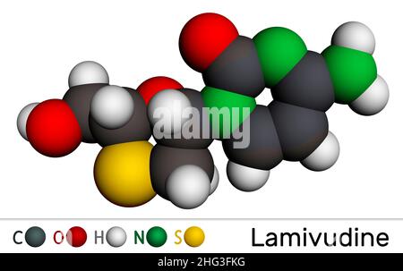 Lamivudine, molécule 3TC.Il est utilisé pour traiter les infections à VIH et à l'hépatite B (VHB) par le virus de l'immunodéficience humaine.Modèle moléculaire.3D rendu.ILLUST Banque D'Images