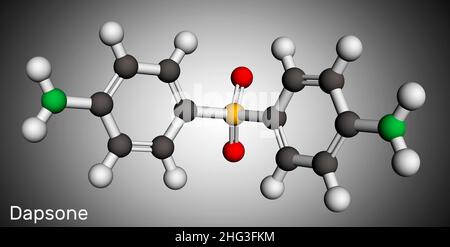 Dapsone, diaminodiphényl sulfone, molécule DDS.Il s'agit d'un antibiotique sulfone pour le traitement de la lèpre et de la dermatite herpétiforme.Modèle moléculaire.3 Banque D'Images