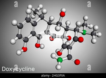 Molécule de Doxycycline.Il s'agit d'un antibiotique de la tétracycline à large spectre utilisé pour traiter une grande variété d'infections bactériennes.Modèle moléculaire.3D rendu Banque D'Images