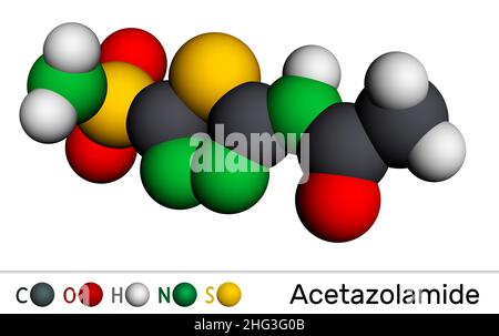 Molécule d'acétazolamide.Il est inhibiteur de l'anhydrase carbonique utilisé pour traiter l'œdème de l'insuffisance cardiaque, certains types d'épilepsie, le glaucome.Mode moléculaire Banque D'Images