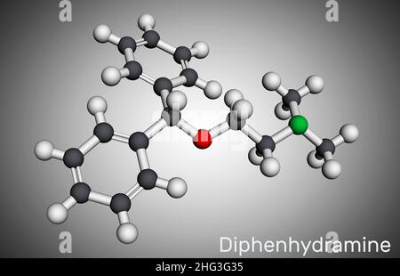 Diphenhydramine, molécule.Il est H1 récepteur antihistaminique utilisé dans le traitement des allergies saisonnières.Modèle moléculaire.3D rendu.Illustration Banque D'Images