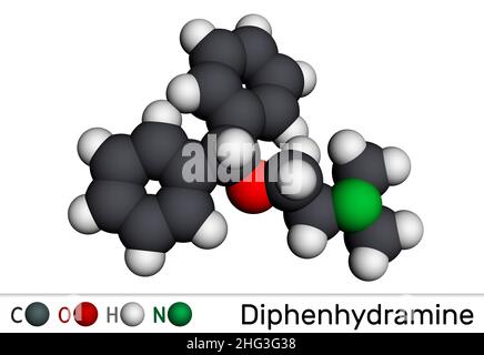 Diphenhydramine, molécule.Il est H1 récepteur antihistaminique utilisé dans le traitement des allergies saisonnières.Modèle moléculaire.3D rendu.Illustration Banque D'Images