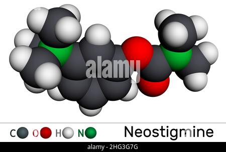 Néostigmine, molécule.Il inhibiteur de l'ischolinestérase pour le traitement symptomatique de la myasthénie grave en améliorant le tonus musculaire.Modèle moléculaire.3D Banque D'Images