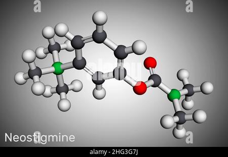 Néostigmine, molécule.Il inhibiteur de l'ischolinestérase pour le traitement symptomatique de la myasthénie grave en améliorant le tonus musculaire.Modèle moléculaire.3D Banque D'Images