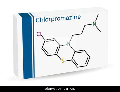 Chlorpromazine, molécule CPZ.Phénothiazine antipsychotique, utilisé pour traiter la nausée, le vomissement, l'anxiété, la schizophrénie, le trouble bipolaire.Produit chimique squelettique Illustration de Vecteur