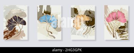 Ensemble tendance de feuilles de ginkgo biloba et formes abstraites.Décoration murale botanique minimaliste, motif moderne du milieu du siècle.Conception d'art végétal pour l'art mural élégant , Illustration de Vecteur